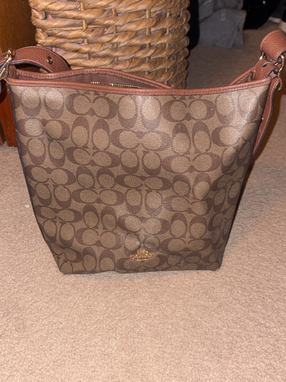 Coach Brown Signature Logo Shoulder Bag with Tan Leather Trim